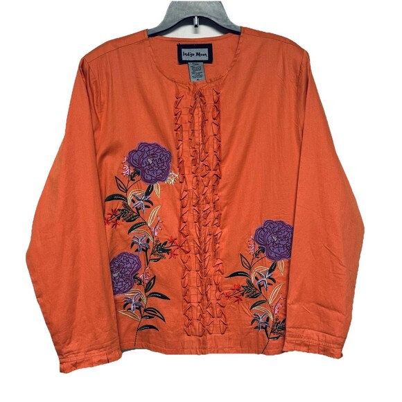 Indigo Moon Floral Embroidered Beaded Jacket Size XL Orange w Ruffle Detail - Picture 1 of 7